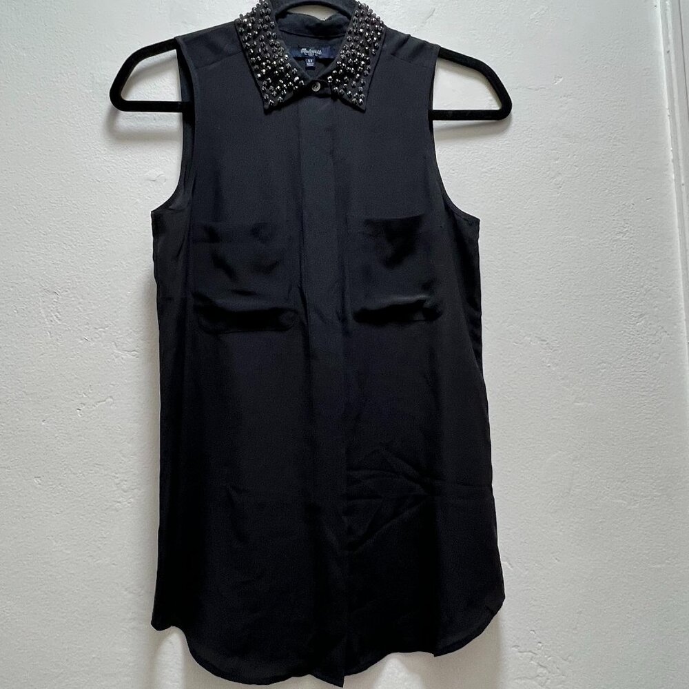 Madewell | 100% Silk Black Embellished Collar Sleeveless BlousE XS
